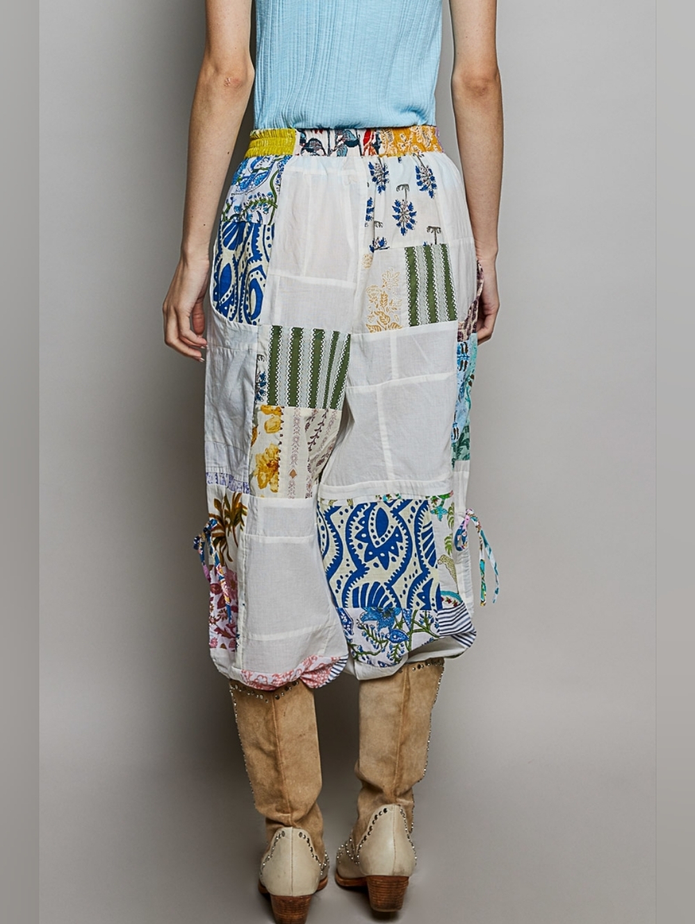 POL Printed Patchwork Wide Leg Pants with Adjustable Side Drawstring - Picture 4 of 8